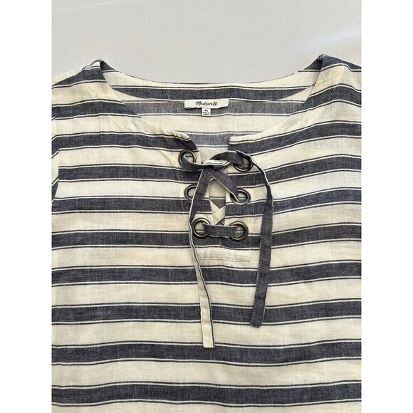 MADEWELL Striped Lace Up Top Size XS Nautical Linen/Cotton Short Sleeve Boxy - Picture 5 of 9